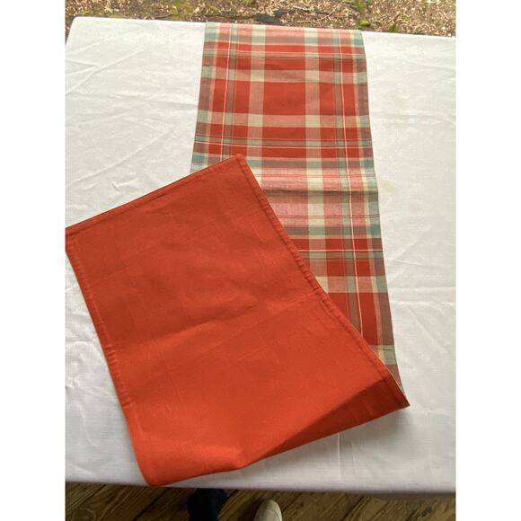 Table Runner  Pumpkin / Paprika Orange w Plaid includes sage green & white EUC - Picture 3 of 11